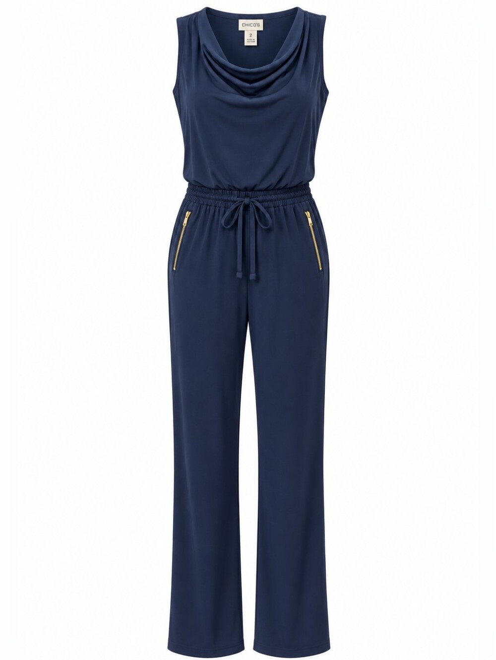 CHICO'S‎ | Dressy Stretch Navy Jumpsuit Gold Faux Pocket Zipper Tie Waist | L 12